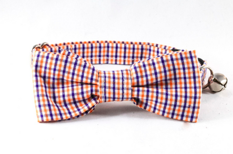 Preppy Navy and Orange Auburn University Gingham Kitty Cat Bow Tie Collar
