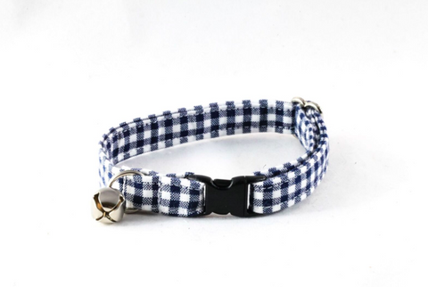 Preppy Navy Blue Seersucker Gingham Kitty Cat Collar