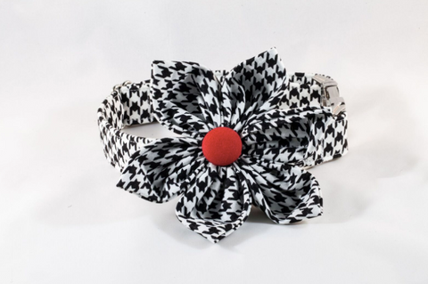 Classic Red Black and White Houndstooth Girl Dog Flower Bow Tie Collar
