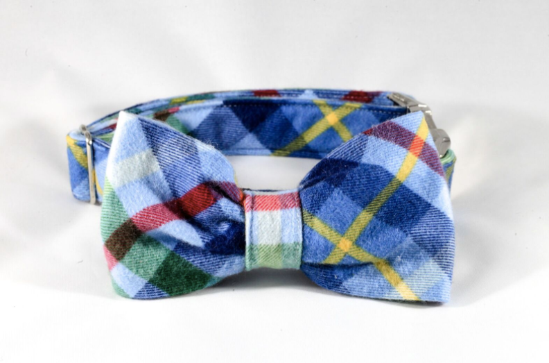 Classic Blue and Green Flannel Plaid Dog Bow Tie Collar