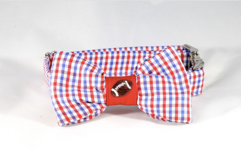 Preppy Red White and Blue Gingham Ole Miss Rebels Football Dog Bow Tie Collar