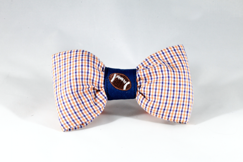 Preppy Navy and Orange Gingham Auburn Tigers Football Dog Bow Tie