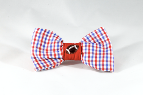 Preppy Red White and Blue Gingham Ole Miss Rebels Football Dog Bow Tie