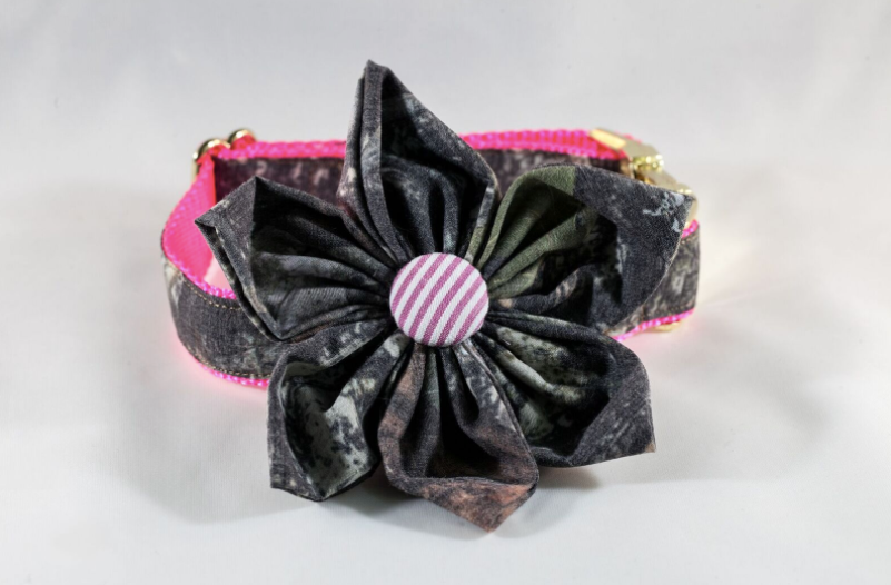 The Sporting Pup Camo and Pink Seersucker Girl Dog Flower Bow Tie Collar