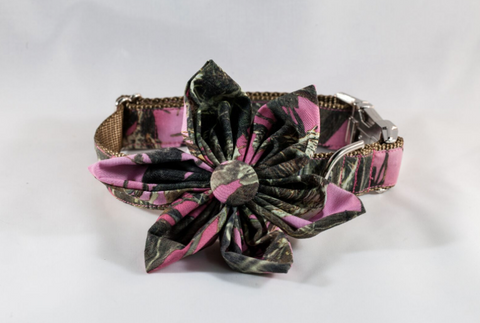The Sporting Pup Pink Camo Girl Dog Flower Bow Tie Collar--Brown