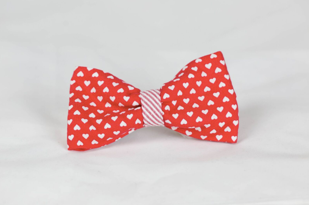 Be My Valentine Red Hearts and Seersucker Dog Bow Tie