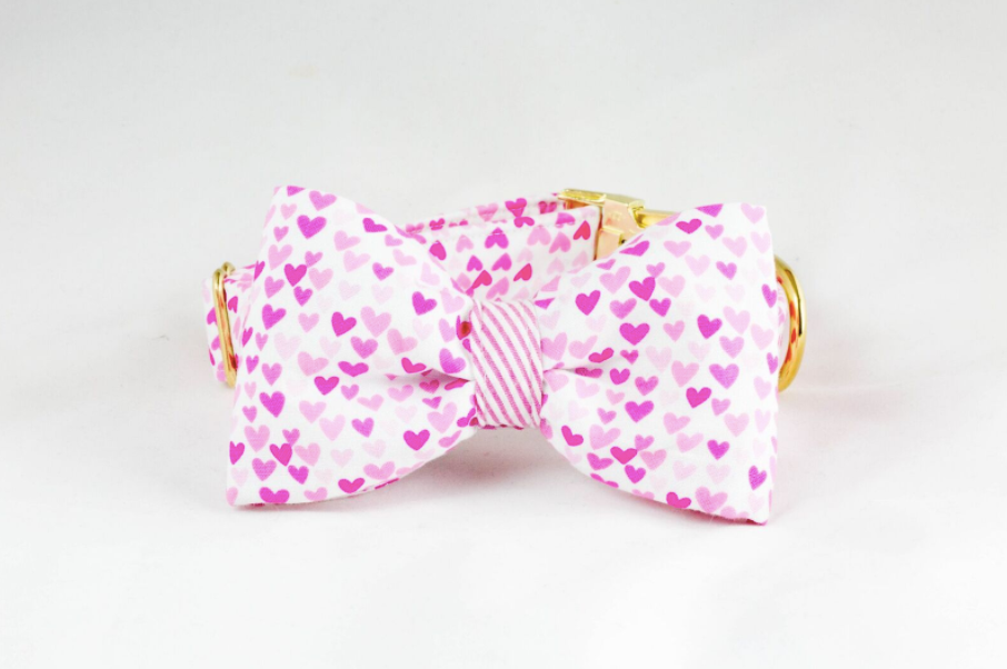 Preppy Pup Pink Seersucker and Hearts Valentine's Day Dog Bow Tie Collar
