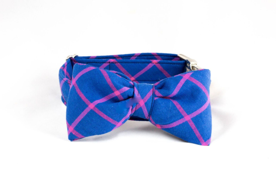Limited Edition Preppy Blue and Magenta Plaid Dog Bow Tie Collar
