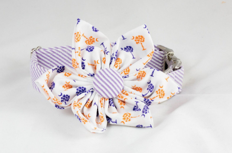 Purple and Orange Clemson Tigers Palmetto Palm Tree Seersucker Game Day Girl Dog Flower Bow Tie Collar
